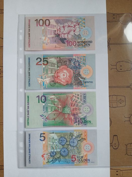 Banknoty suriname 5,10,25,100 z2000 roku