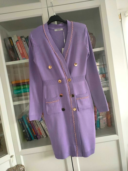 Elegancka sukienka midi wiskoza sweter sweterkowa lila 38 M