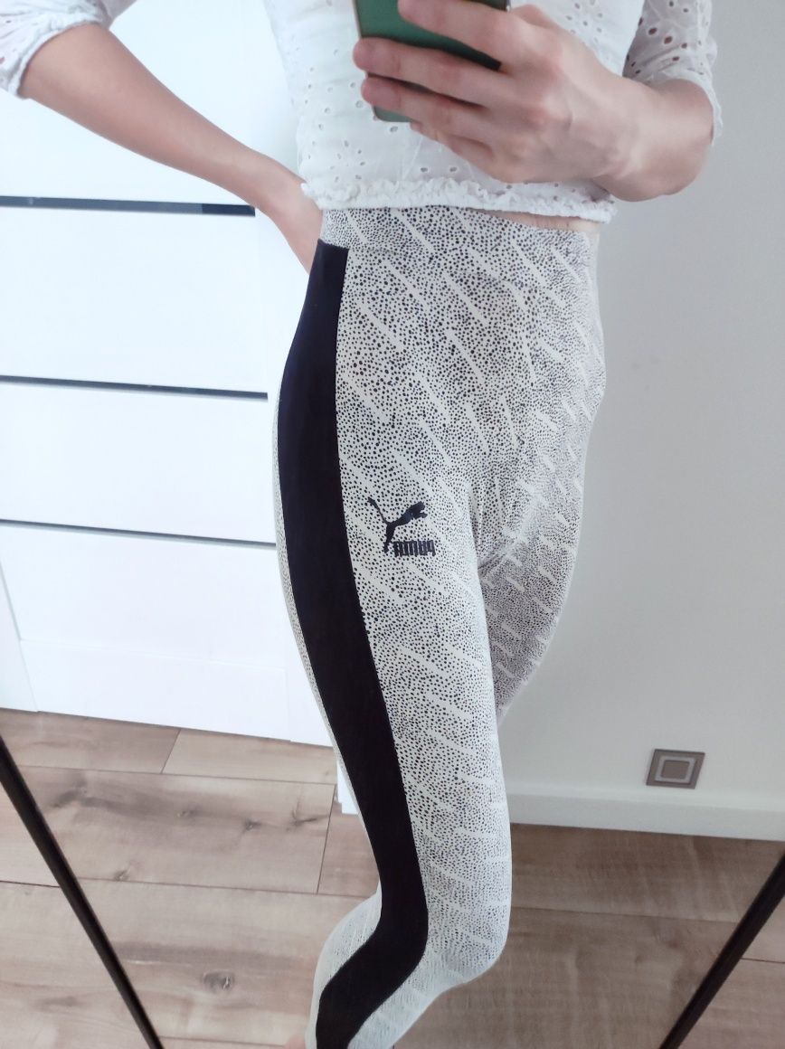 Legginsy białe w kropki lampas czarny po boku Puma wysoki stan