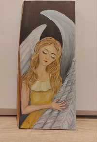 Anioł malowany ręcznie na desce