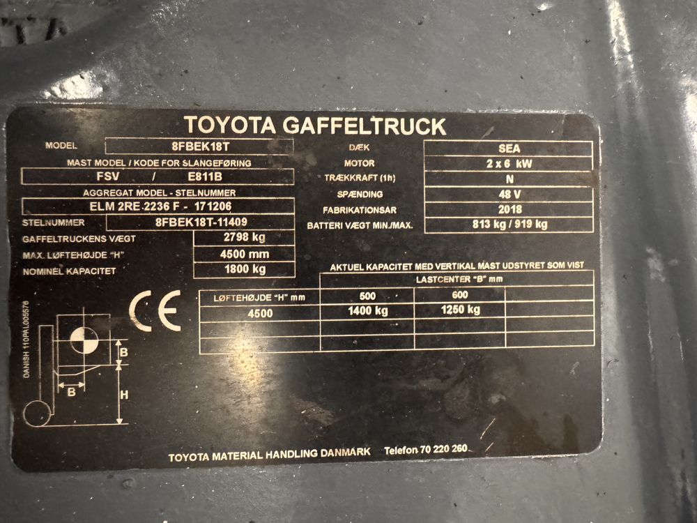 Wózek widłowy Toyota 8FBE18T, 4607h! elektryczny, wolny skok, 2018 rok