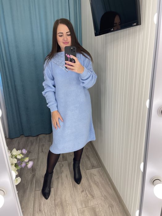 Женское вязаное платье 42-54 батал пудра,голубой Жіноча тепла сукня