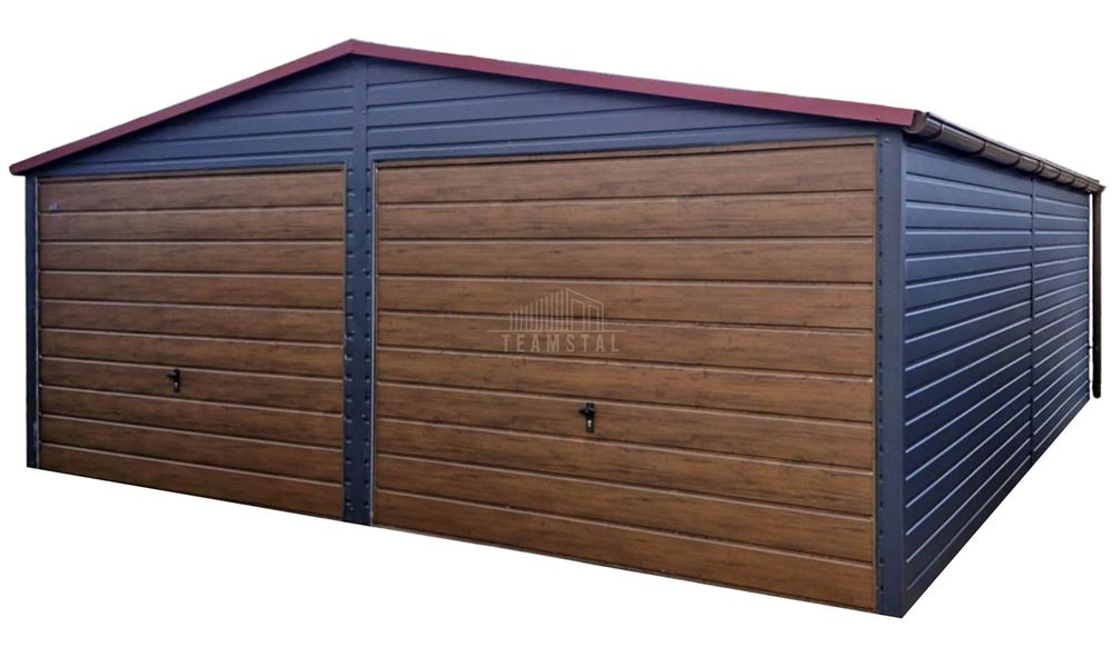 Garaż blaszany 6x6m 2x brama uchylna drzwi rynny dach dwuspadowy TS933