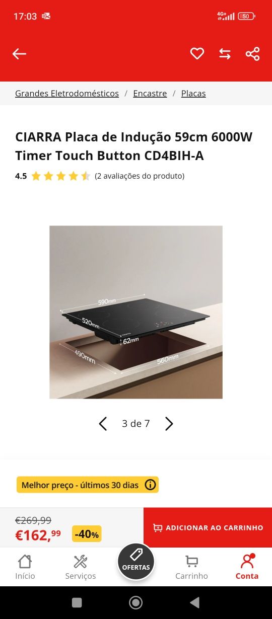 CIARRA Placa de Indução 59cm 6000W Timer Touch Button CD4BIH-A