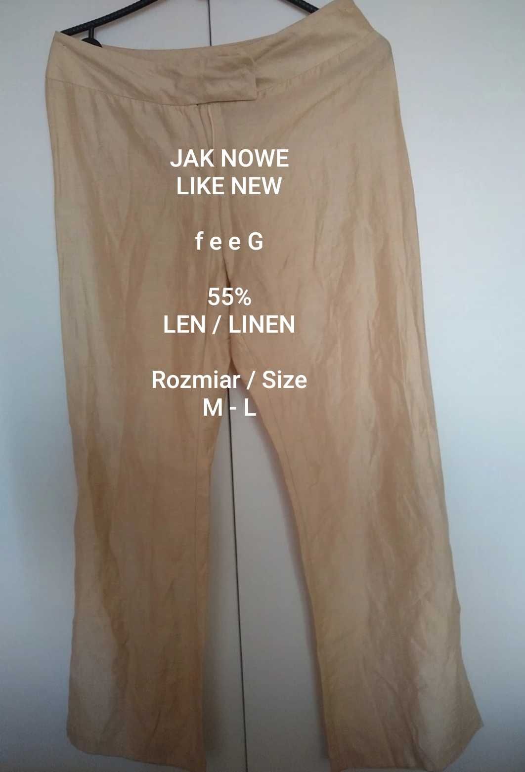 feeG  Eleganckie damskie letnie spodnie lniane, 55% Len, Roz. M-L