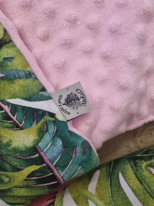 Kocyk + poduszka + zawieszka / Minky róż flamingi / Bawełna Handmade