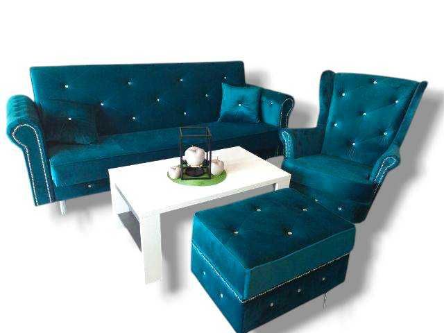 Sofa rozkładana Komplet Dwu i Trzy osob. Fotel Uszak podnóżek Glamour