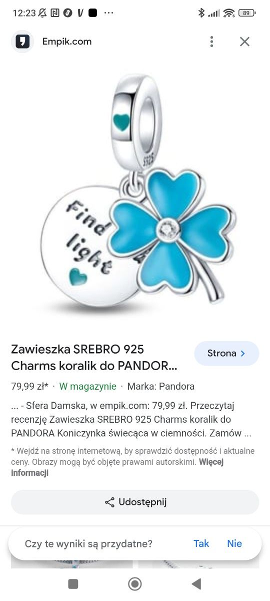 Nowy charms beads do bransoletek modułowych  Koniczynka świecąca