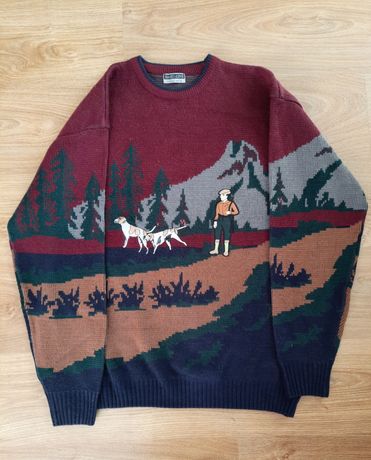 bordowy sweter jesienny z pieskiem brzydki sweter vintage rozmiar L