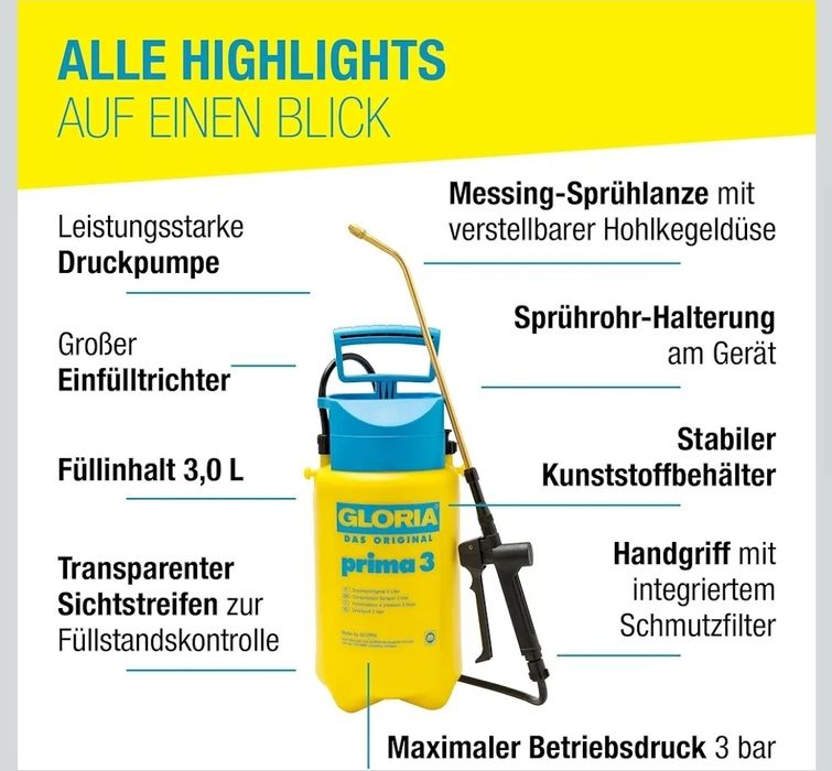 GLORIA Prima 3 Opryskiwacz ciśnieniowy, ogrodowy, pojemność 3l