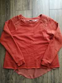 Rdzawy sweterek z koronką, tiulem, ozdobne plecy roz 146/152 jak nowy