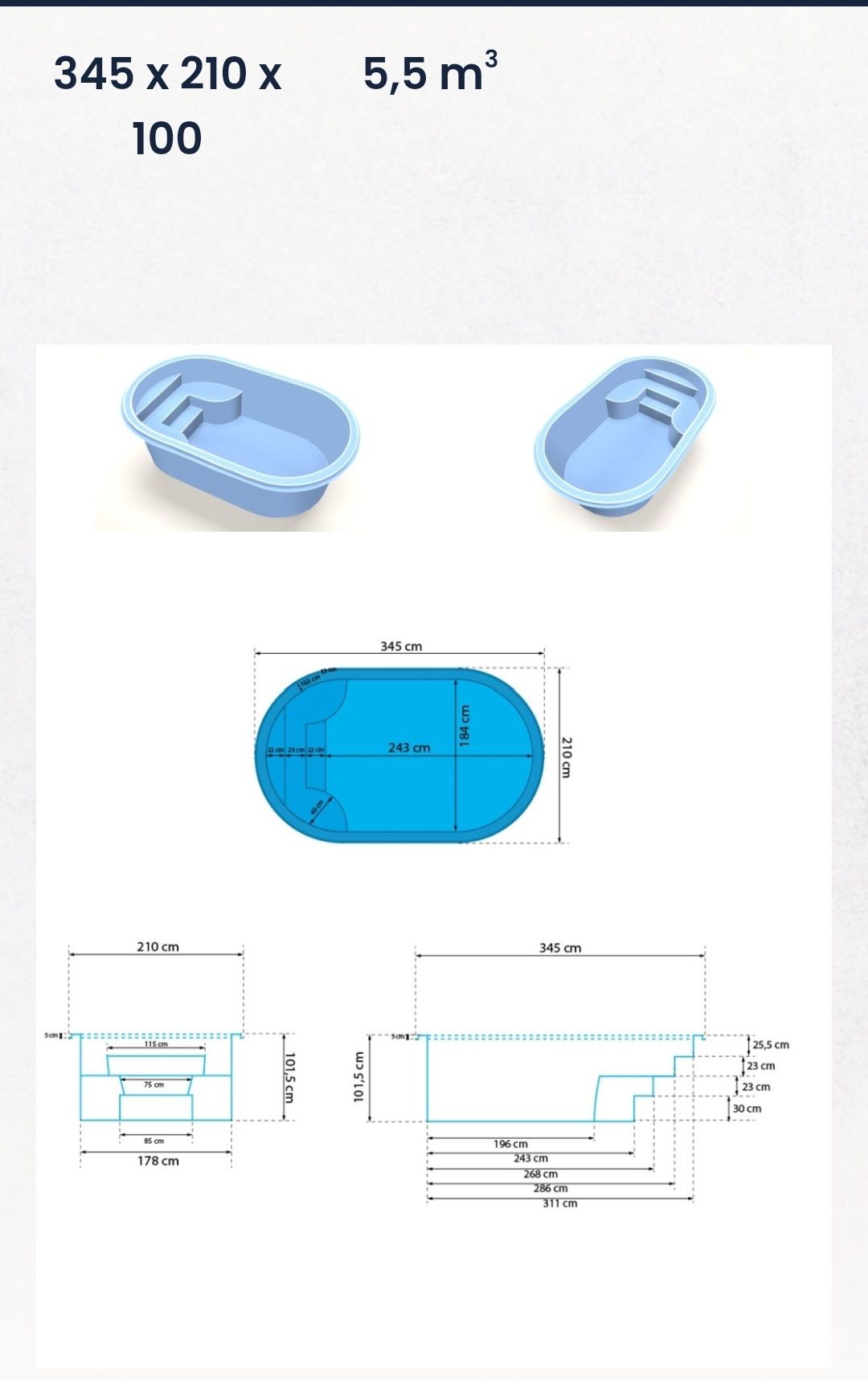 Niecka poliestrowa, Basen poliestrowy 340x210z100
