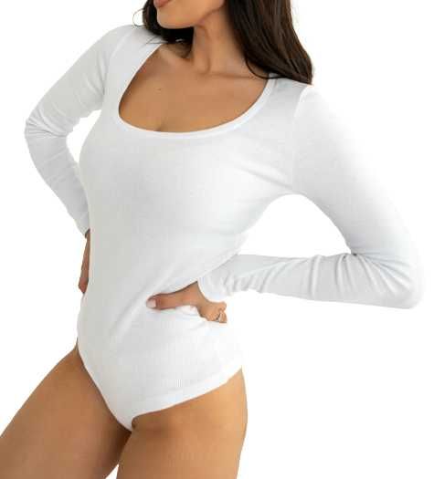 Prążkowane body z okrągłym dekoltem basic białe uni