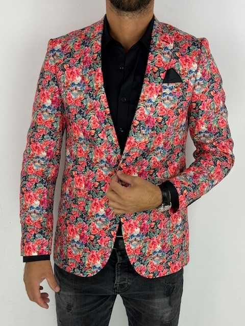 GIOVANNI PERA Marynarka męska D626 kwiaty czachy liście czerwona