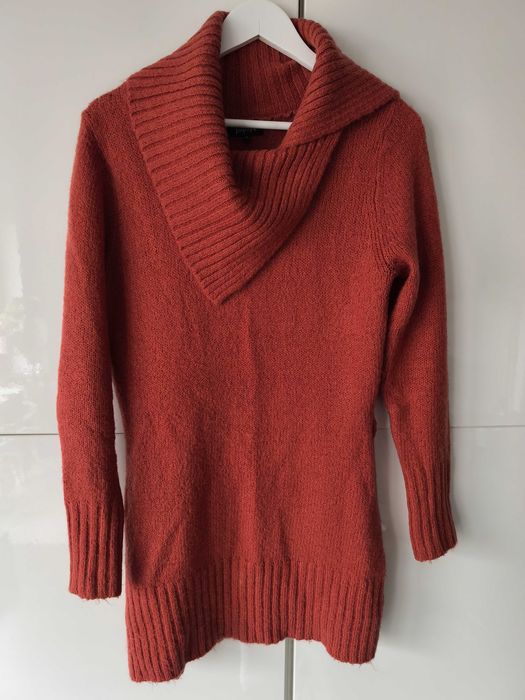 Rudy dłuższy sweter z kołnierzem golfem z moherem Papaya rozmiar 40/42