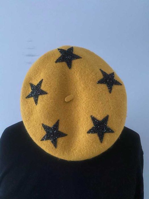 Accessorize Beret wełniany musztardowy 55/56 cm błyszczące dżety