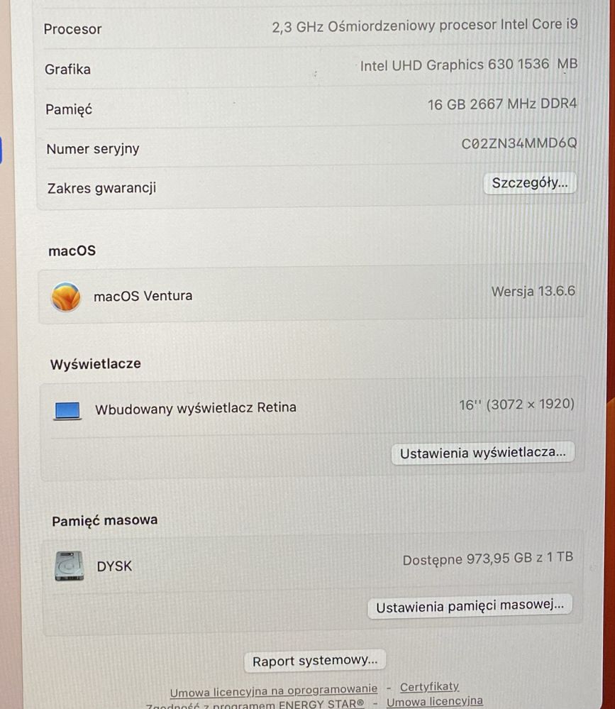 Sprzedam laptop Macbook Pro 16 A2141 i9 16GB RAM 1TB Radeon Pro 5500M