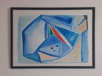 Pintura com quadro de madeira e vidro, aquarela, 73x54cm