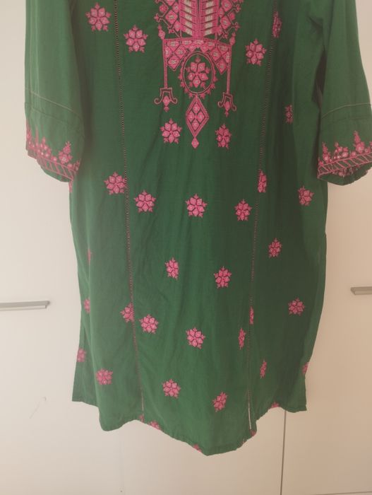 Tunika zielona indyjska kameez haft kwiaty Bollywood orient hippie