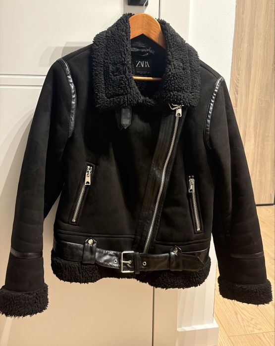 Kurtka czarna biker kożuch kożuszek 38 M Zara motocyklowa