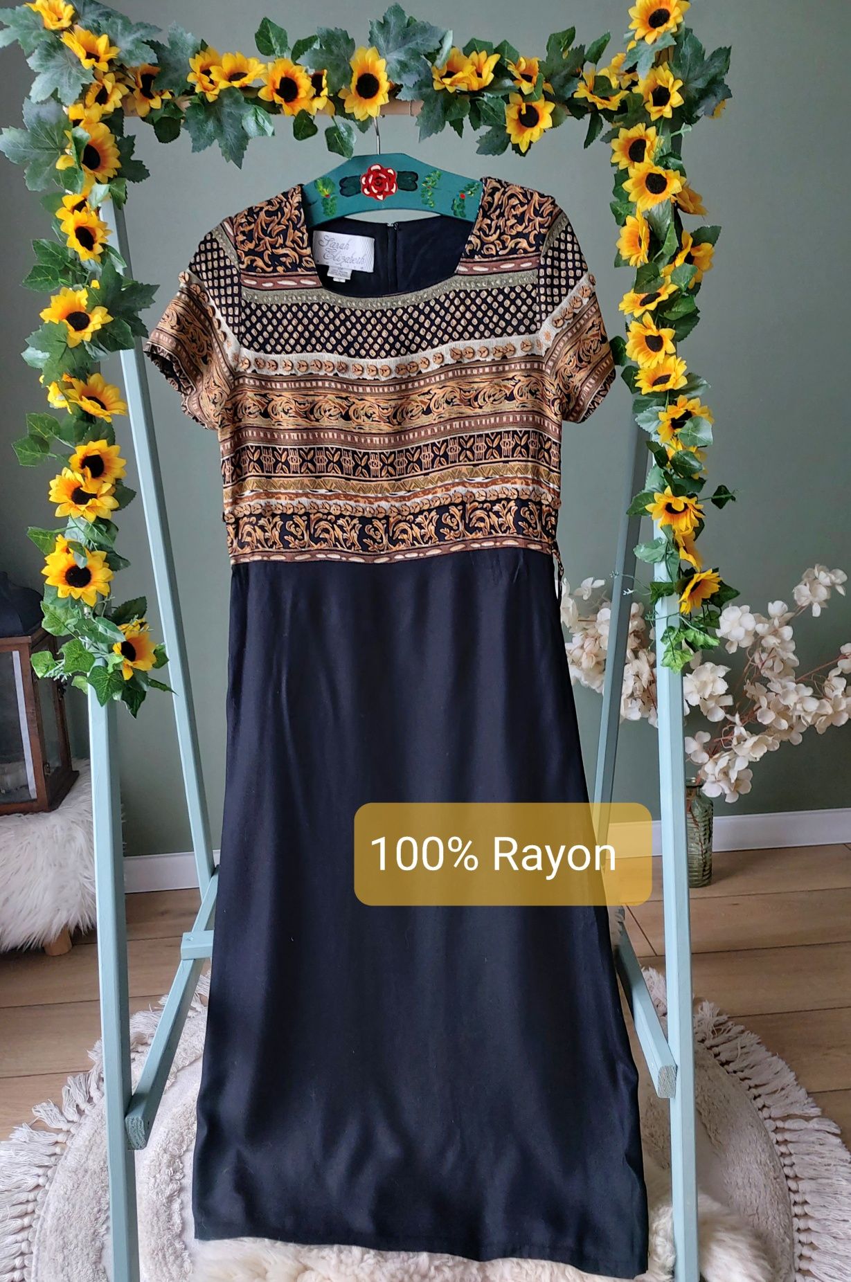 Maxi sukienka boho dluga czarna że zdobieniami hippie 100% rayon etno