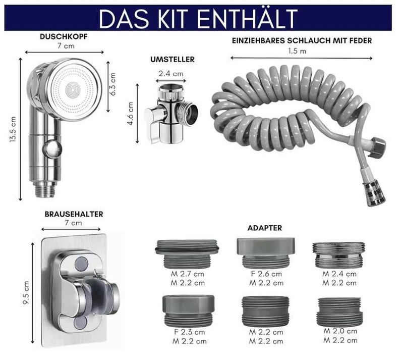 Słuchawka prysznicowa na kran, zestaw natryskowy + akcesoria Ineedit