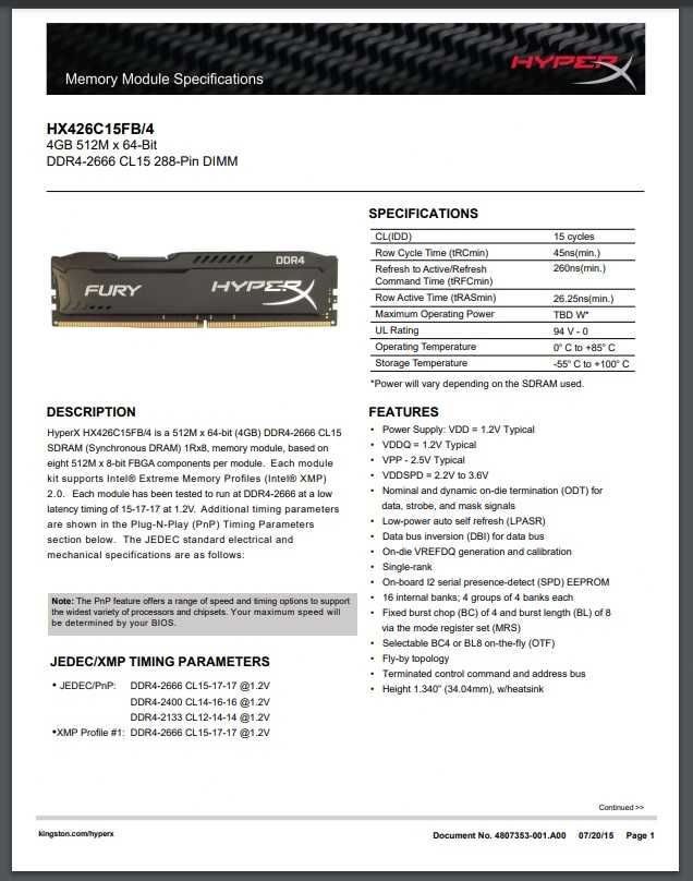 Pamięć RAM - HyperX Fury DDR4; 2666 Mhz CL15; 8 Gb: 2x 4Gb