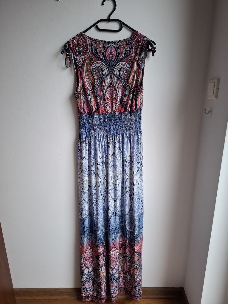 Kolorowa sukienka maxi boho wzorki luźna lato 38