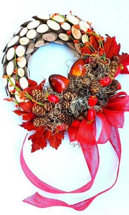 Wianek jesienny hand made drewienka czerwony bordowy brązowy