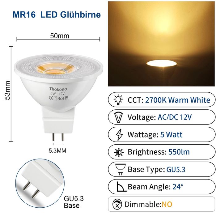 Thokono LED MR16 GU5.3 5W 6000K 10 sztuk, reflektor wpuszczany