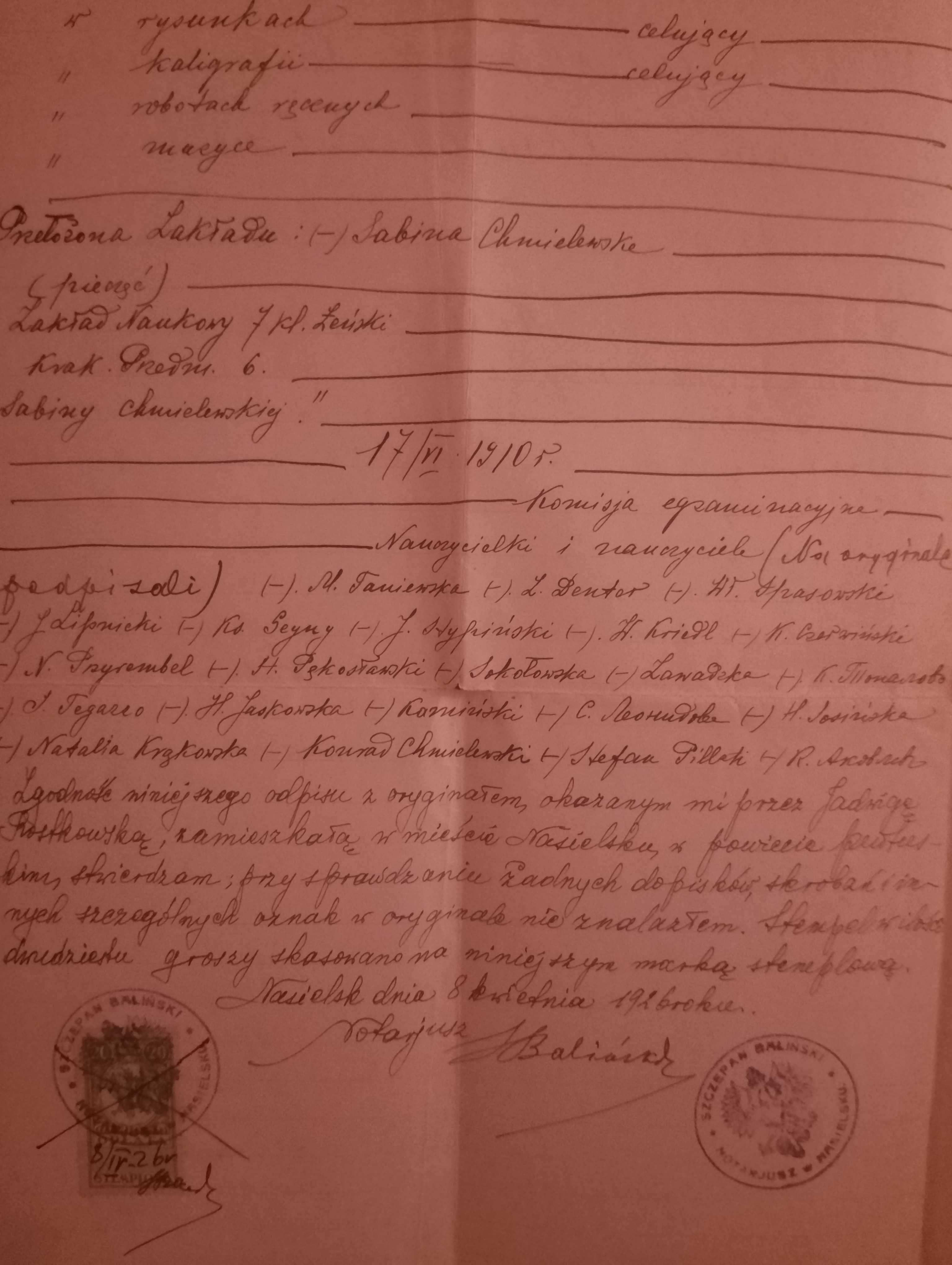 Świadectwo ukończenia szkoły Jadwigi Rostkowsiej
