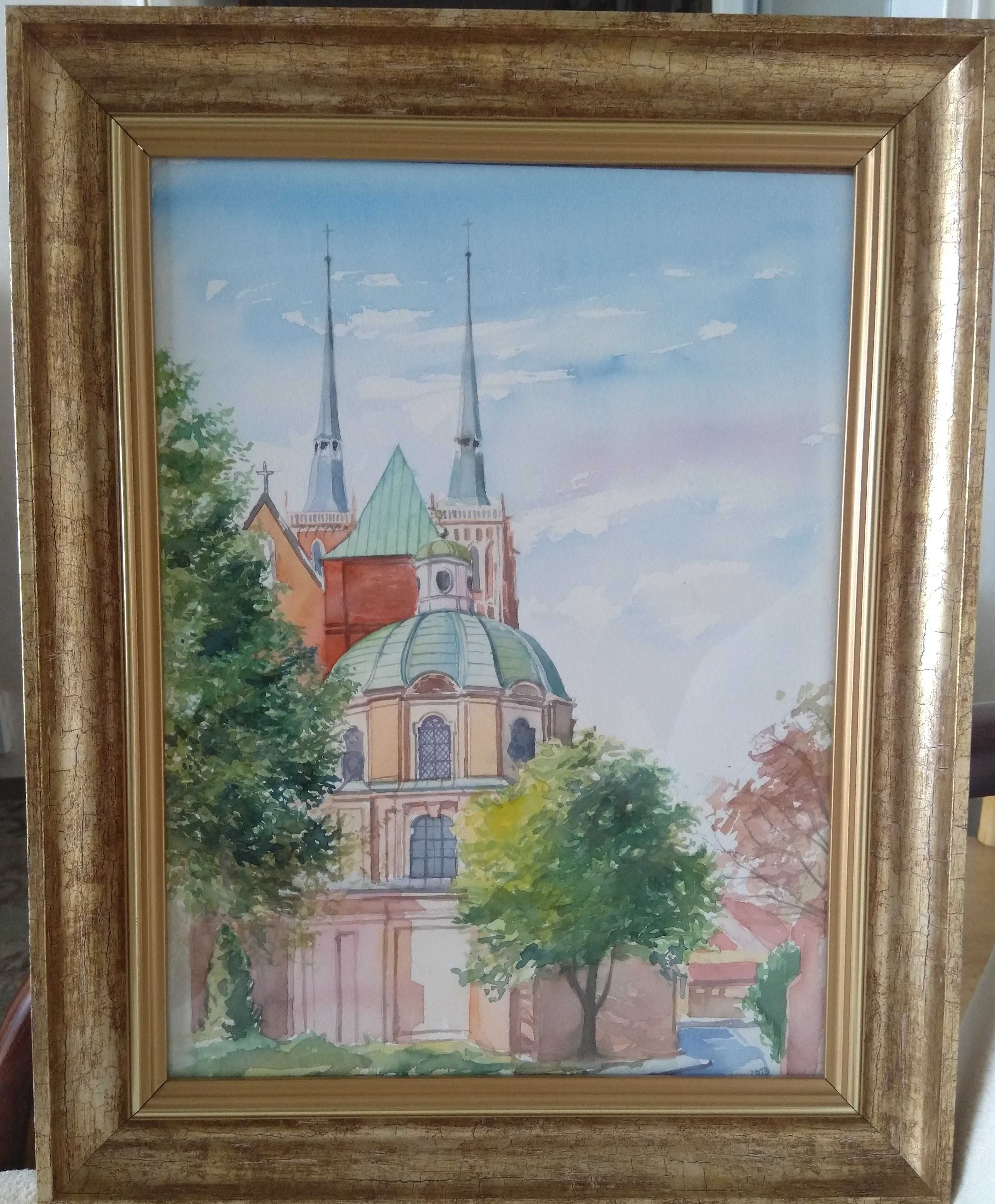 obraz akwarela Ostrów Tumski Wrocław wymiary obrazu 38cm x 48cm
