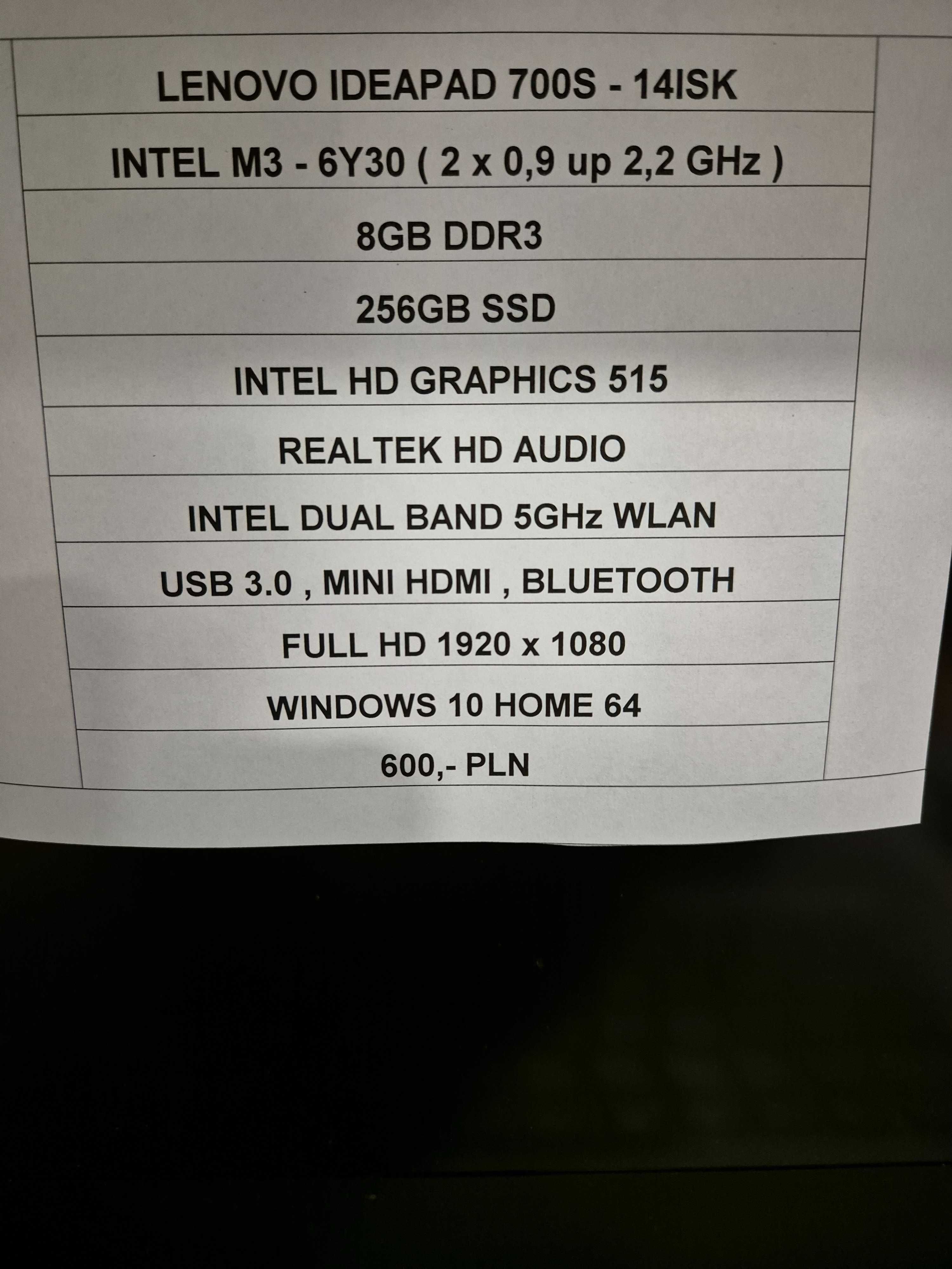 Laptop Lenovo Intel I3 6Y30 8 gb ddr3 256 SSD Mini HDMI USB 3.0