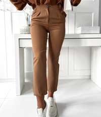 Spodnie S 36 damskie garniturowe camel eleganckie wysoki stan