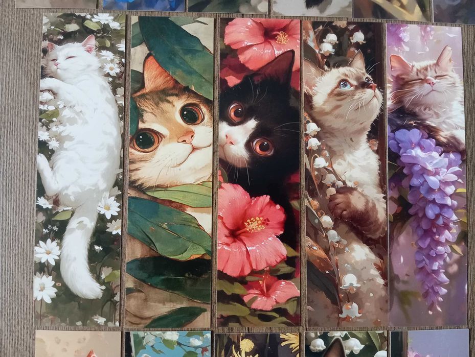 16 kartonowych zakładek do książek z kotami i kwiatami