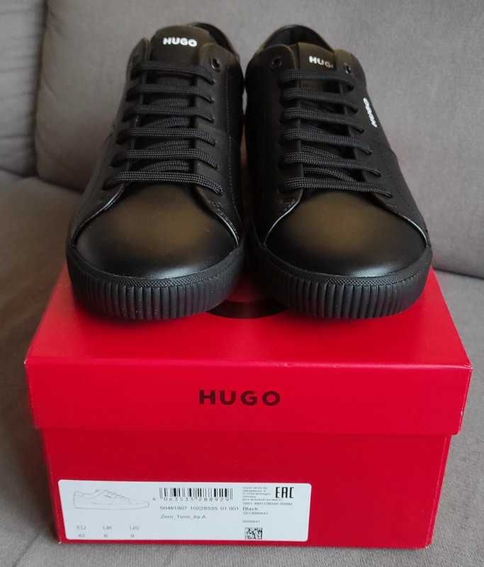 Nowe, skórzane sneakersy Hugo męskie czarne, r. 42