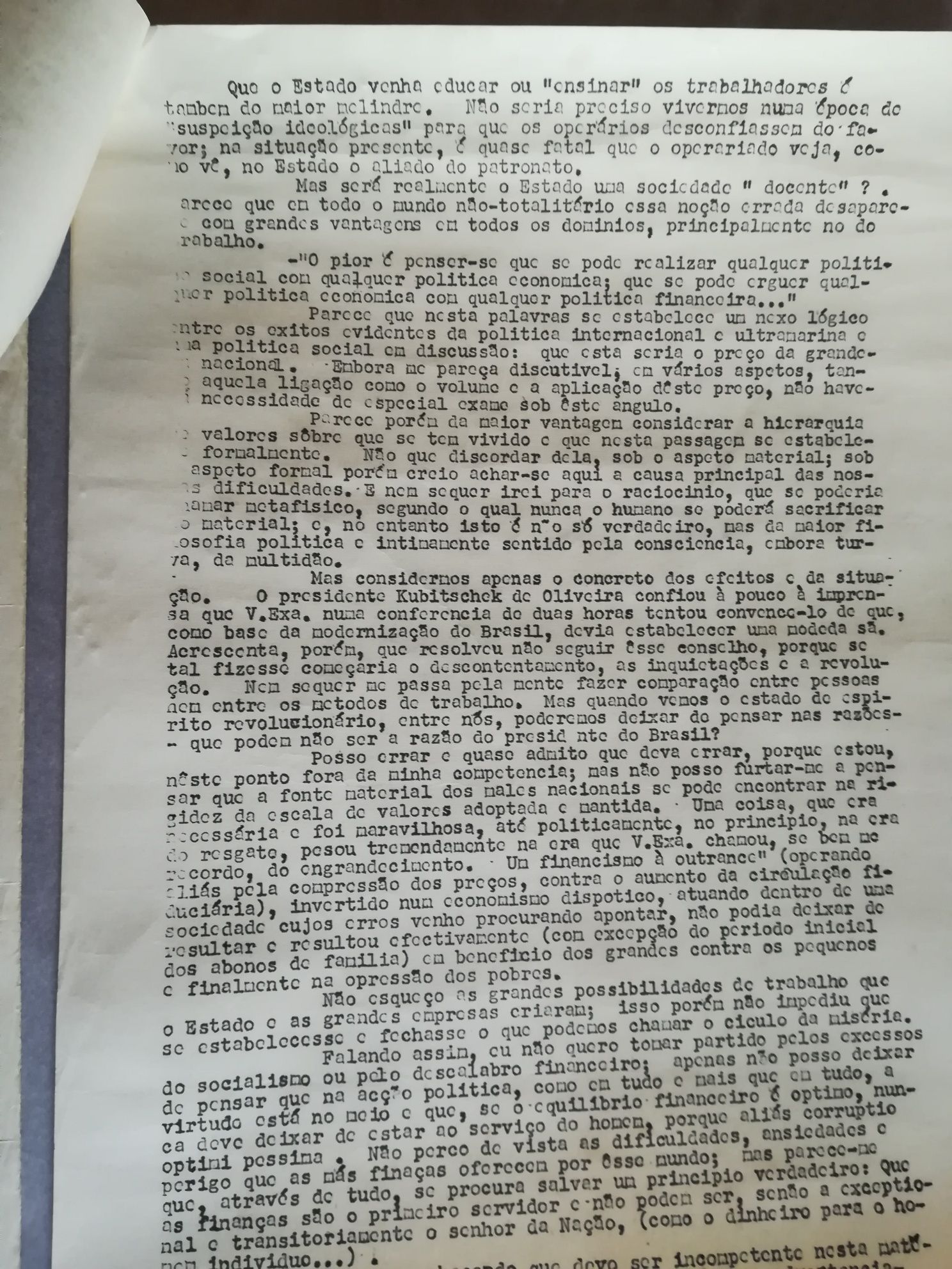 Cópia da Carta de D. António a A.O. Salazar. 1958.