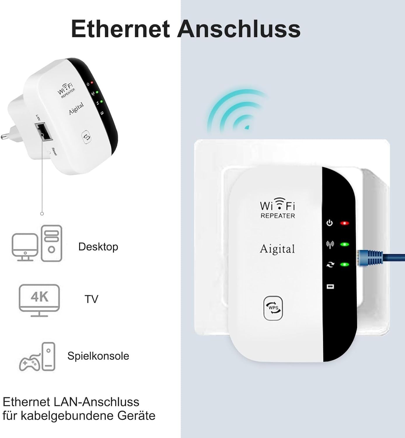 Wzmacniacz Wi-Fi (300 Mbit/s 2,4 GHz, złącze LAN, WPS, tryb AP