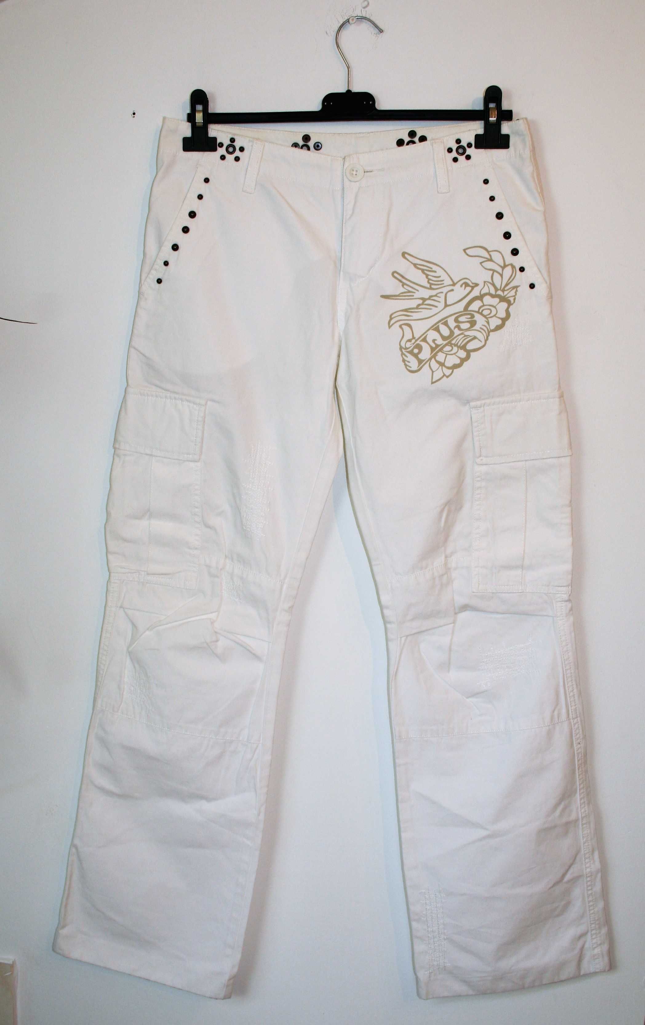Białe spodnie damskie /PLUSMINUS/spodnie haftowane /bawełna rz: S