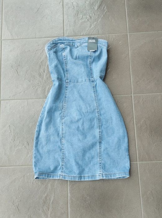 Sukienka mini jeansowa dopasowana zamek bez ramiączek XXS 32 Nowa