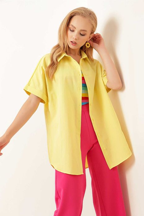 Koszula oversize z krótkim rękawem - żółty XL
