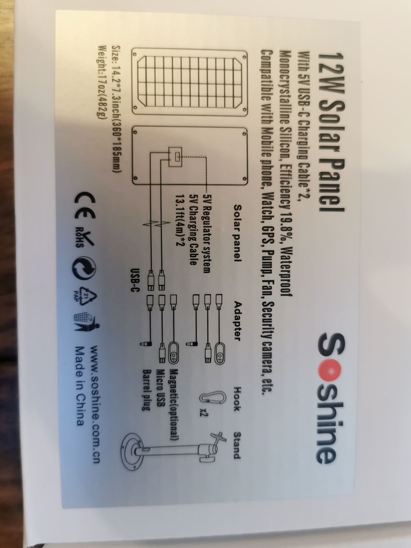 Duża ładowarka solarna 12W 5v 2x4m USB-C