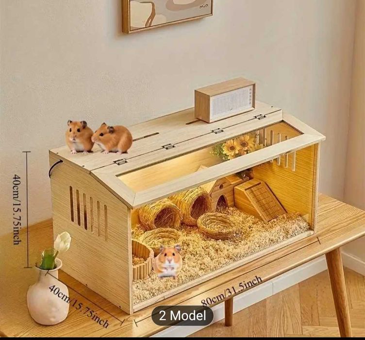 Klatka dla chomika - drewniana,nowa z wyposażeniem