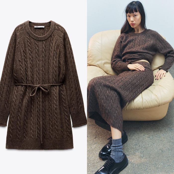 Довгий вовняний светр із візерунком косичкою