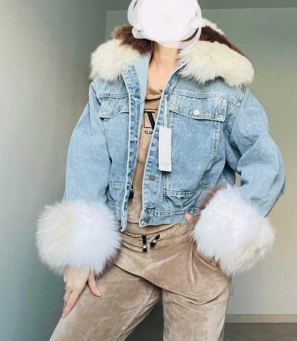 Kurtka jeans katana jeansowa puchowa naturalny lis futro