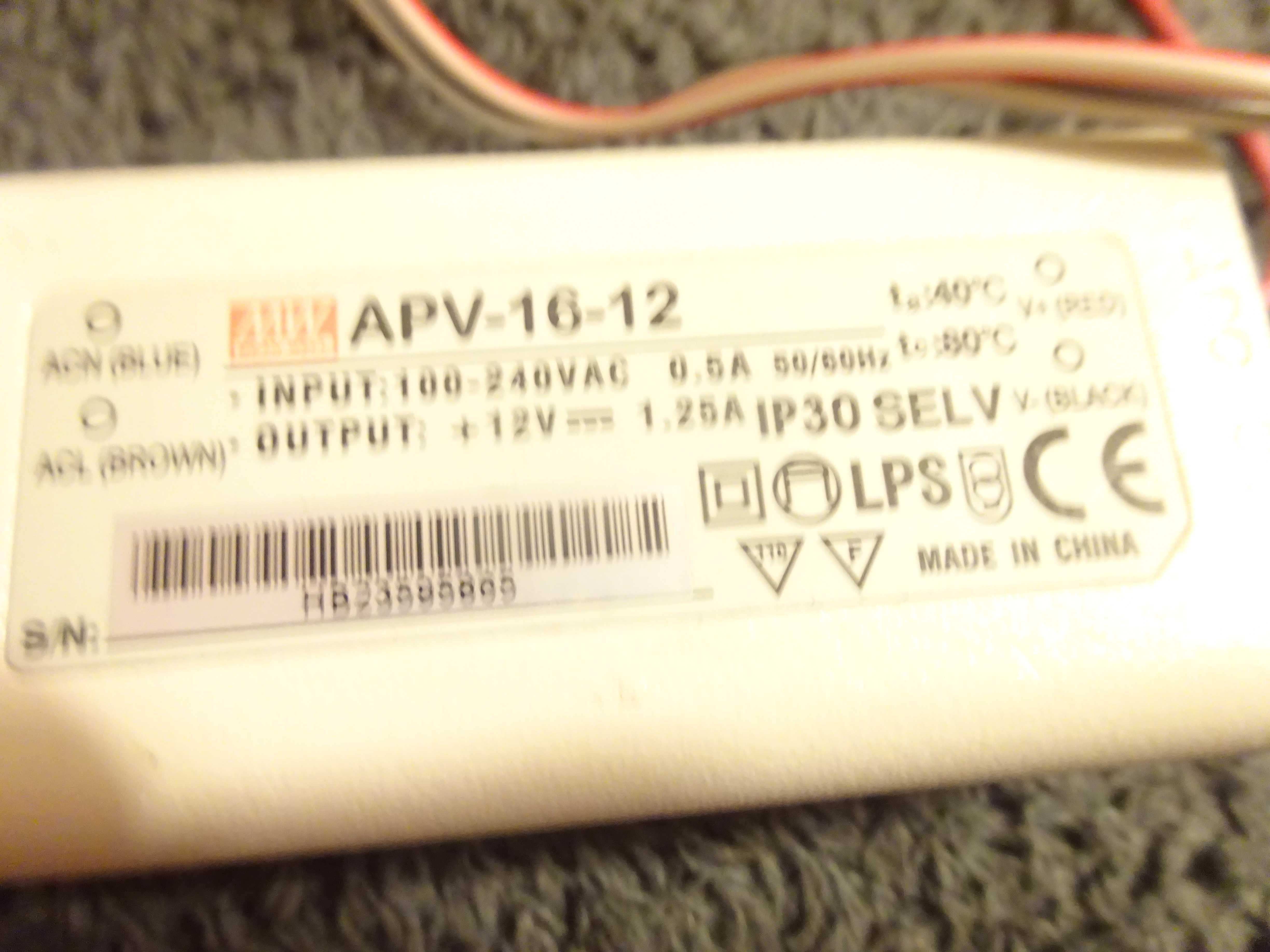 APV-16-12 Zasilacz LED 16W 12V 1.25A lampki Mean Well transformator