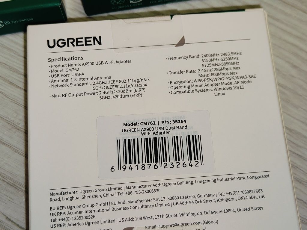 UGREEN WiFi 6 AX900 5G/2.4G USB адаптер CM762