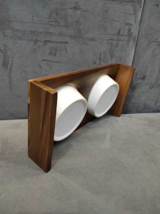 Komplet ceramicznych misek na bambusowym stelażu dla kota / psa