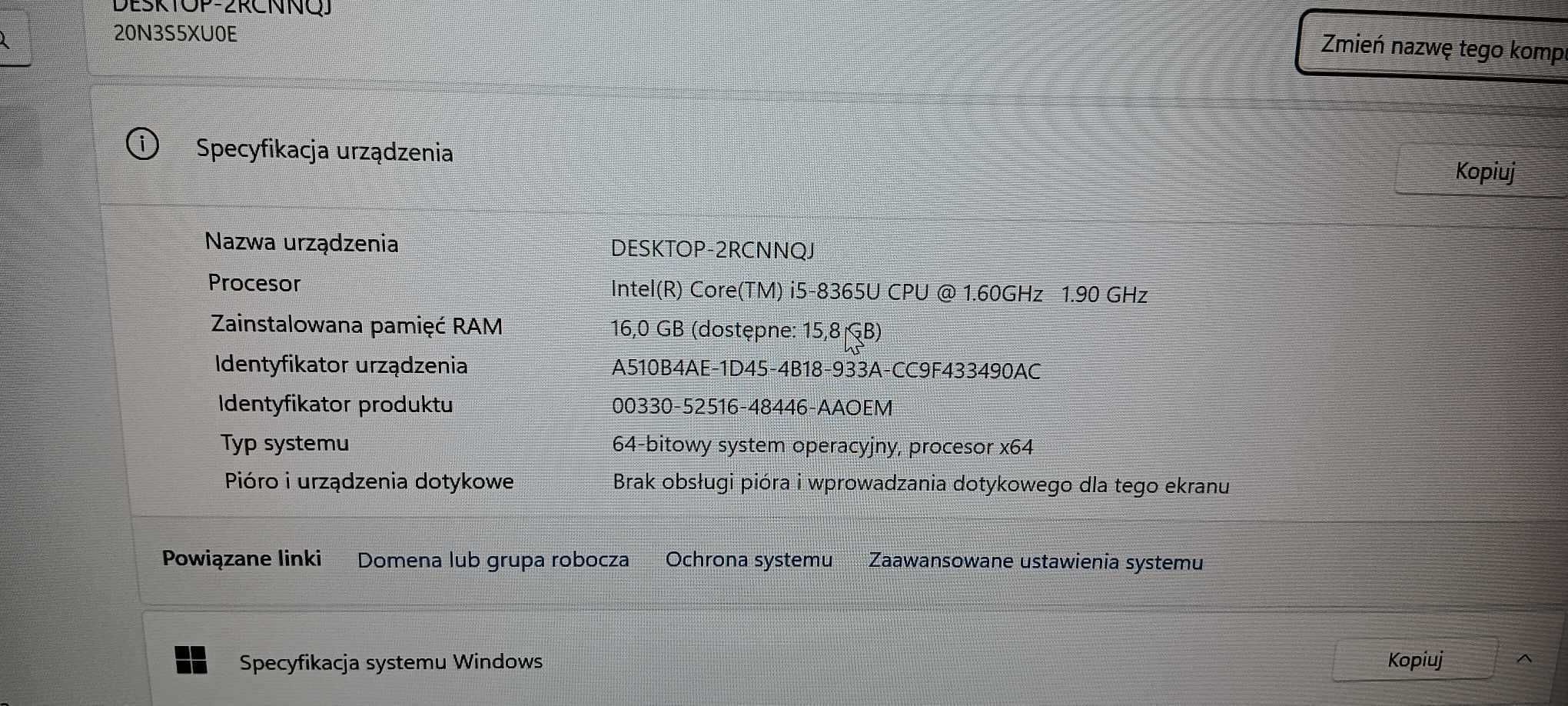 Klasa Biznes Lenovo T490 I5 8365U/16gb/256SSD/14IPS/Windows 11