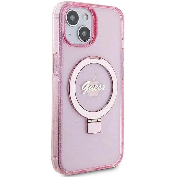 Etui Guess Ring Stand Script Glitter MagSafe na iPhone 15 - różowe
